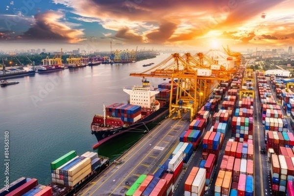 Obraz A bustling harbor filled with cargo ships being loaded and unloaded with crates and containers, Generative AI