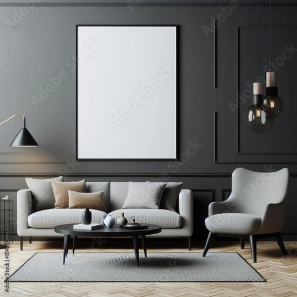 Fototapeta A living room with a template mockup poster empty white and with a couch and a coffee table realistic used for printing card design.