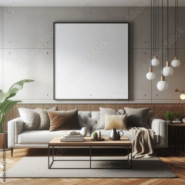 Fototapeta A living room with a template mockup poster empty white and with a couch and a picture framestandardscalex image photo attractive used for printing.