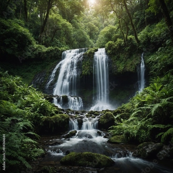 Fototapeta Embrace the spirit of National Camera Day with a breathtaking shot of a majestic waterfall surrounded by lush greenery.

