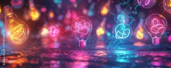 Fototapeta Creative group brainstorming, neon doodles floating in air, holographic effect, vibrant colors, digital illustration