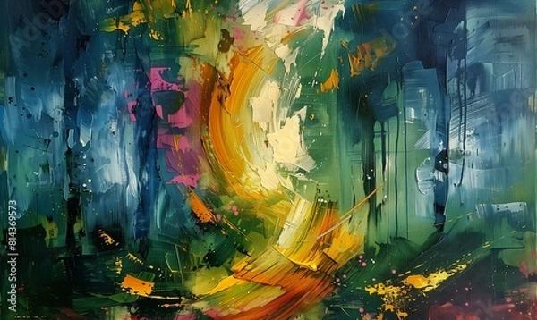 Obraz person walking forest umbrella twisted turn fate abstraction green gold palette twin souls abstract high luminosity whirlwind