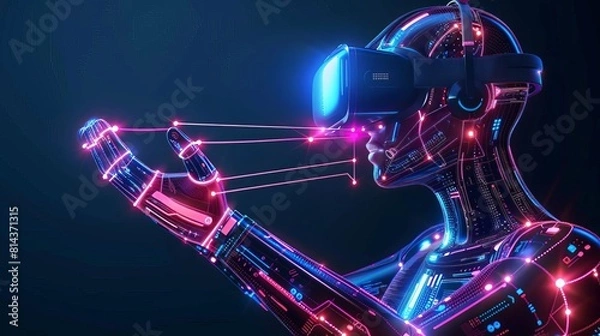 Fototapeta Elbows connecting to a virtual reality interface, side view  VR connection, scifi tone, Analogous Color Schem