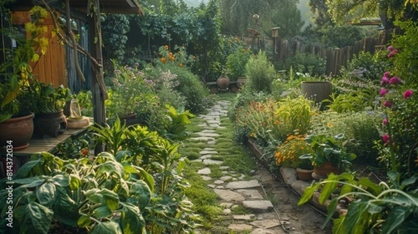Fototapeta A rustic kitchen garden with a stone pathway, surrounded by flowering herbs and vegetables, an early morning dewy atmosphere, very picturesque and natural. Created Using: Cottage garden style, rustic
