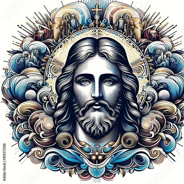 Obraz A drawing of a jesus christ with long hair and a beard image realistic harmony lively has illustrative meaning illustrator.