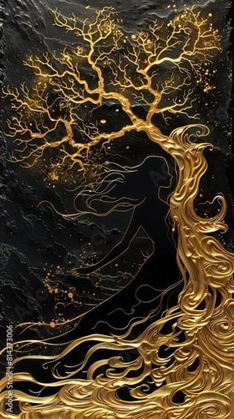 Fototapeta closeup tree gold leaves splashes lightning behind flowing hair liquid interface deep black roots silhouette story opalescence tint flow