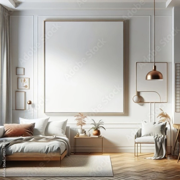 Fototapeta A Room with a template mockup poster empty white and with a large picture frame realistic attractive card design.