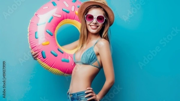 Fototapeta Joyful Woman with Donut Float in Summer Outfit.
