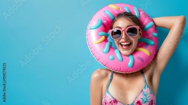 Fototapeta Joyful Woman with Donut Float in Summer Outfit.