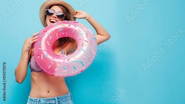 Fototapeta Joyful Woman with Donut Float in Summer Outfit.
