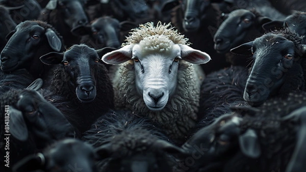 Obraz a group of black sheep surrounding a white sheep