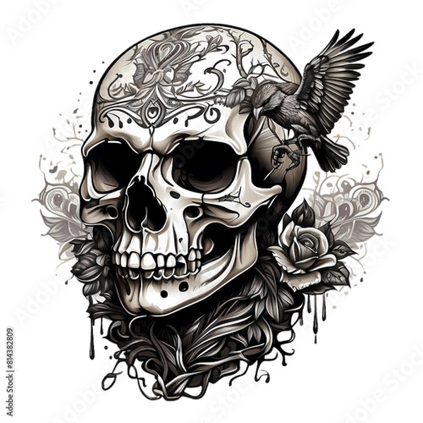 Fototapeta A skull with a snake wrapped around it, t shirt design