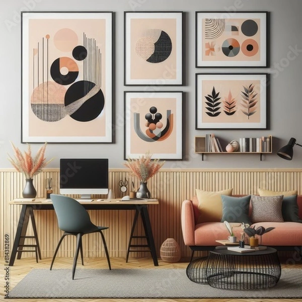 Fototapeta A Room with a template mockup poster empty white and with a desk and a couch image art realistic used for printing.