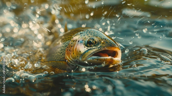 Fototapeta Close-Up of a Jumping Rainbow Trout in the Lake