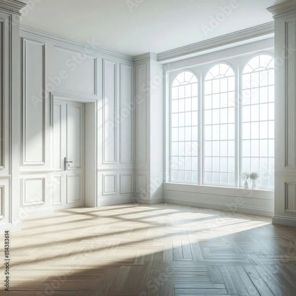 Fototapeta A Room with a template mockup poster empty white and with white walls and a wood floor art realistic used for printing.