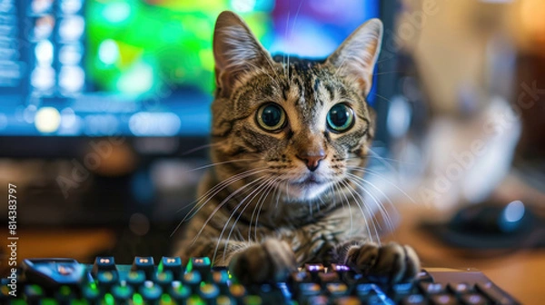 Obraz Cute Cat Playing on Computer Screen