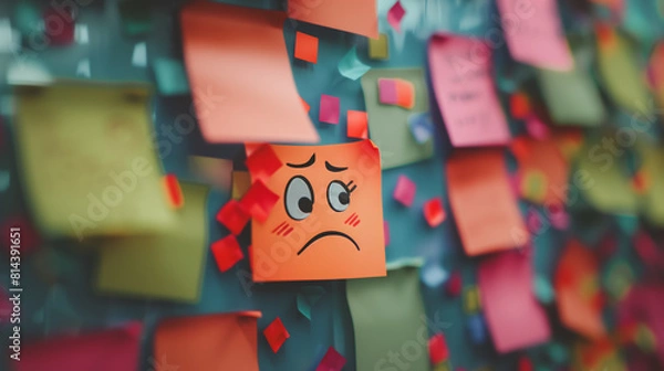 Fototapeta Close-up of a sad emoticon face on a sticky note among many, surrounded by colorful reminders. Concept of overwhelming tasks and emotional stress in the workplace.