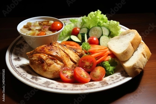 Fototapeta a plate of food with a bowl of soup, bread, and vegetables.