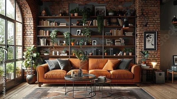 Fototapeta Advanced industrial living room setup displaying a minimalist metal bookshelf and brick wall decor, hyperrealistically depicted with sharp graphics and a cool color scheme, no people 