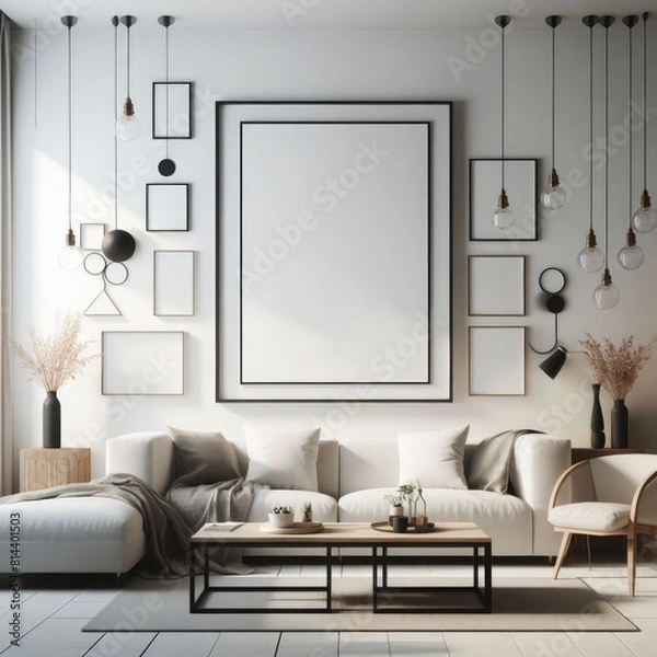 Fototapeta living room with a template mockup poster empty white and With Couch And Coffee Table image art harmony.