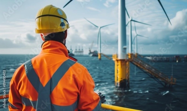 Fototapeta A professional shot of a worker in safety gear observing offshore wind turbines from a platform