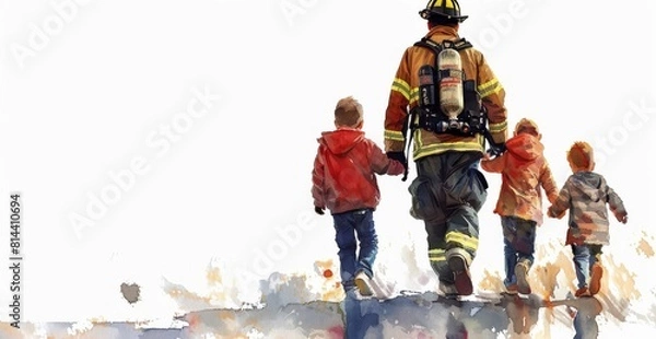 Fototapeta A touching portrayal of a firefighter leading children to safety, encapsulating heroism and care in a watercolor effect