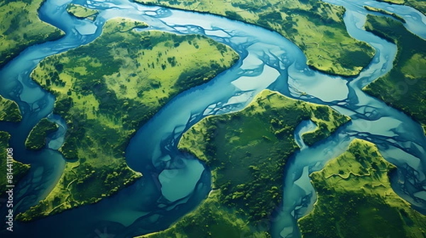 Fototapeta a drone aerial view of a river and green fields. Generative AI