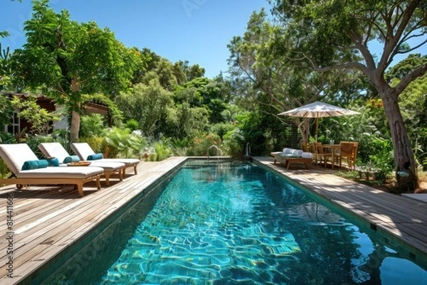 Fototapeta Swimming pool and decking in garden of luxury home.