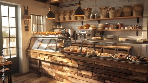 Fototapeta Interior of a local coffee shop bakery counter with freshly baked food displayed for selling
