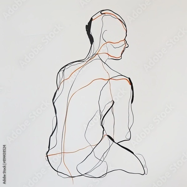 Obraz Single Line Drawing: Person in Back Pain Outline, Minimalistic Style, Black Line on White with Orange Accent