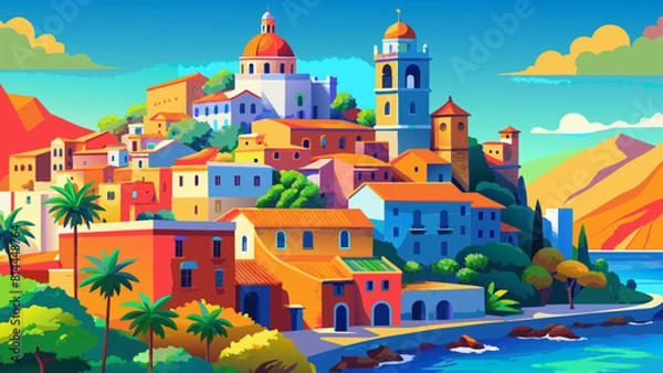 Fototapeta A charming, stylized illustration depicts a vibrant seaside town nestled along a calm bay, featuring colorful buildings with red roofs, boats bobbing in the water, and distant mountains under a blue