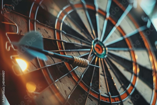 Fototapeta A close-up view of a sharp dart perfectly hitting the bullseye on a dartboard, symbolizing accuracy, goal achievement, and successful precision in performance 