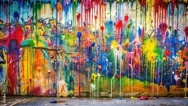 Fototapeta A close-up view of a graffiti paint drip wall reveals a vibrant, textured surface where streaks of bright red, blue, green, and yellow paint drip downwards over an underlying dark purple and black 