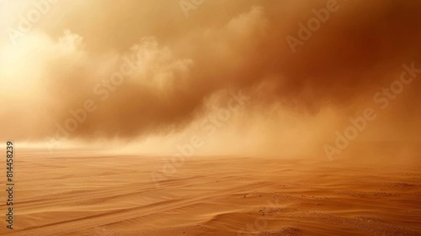 Fototapeta Mars during a dust storm, showing the intense atmosphere and swirling sands enveloping the landscape, a dramatic natural event. Created Using: Dramatic style, dust storm depiction, intense