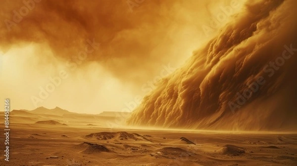 Fototapeta Mars during a dust storm, showing the intense atmosphere and swirling sands enveloping the landscape, a dramatic natural event. Created Using: Dramatic style, dust storm depiction, intense