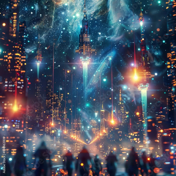 Fototapeta Floating metropolis, shimmering technology, bustling crowds, rockets descending from a starry sky Futuristic photography, vibrant backlights, motion blur effect