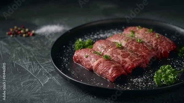 Obraz Sliced raw marbled beef on a dark plate garnished with parsley