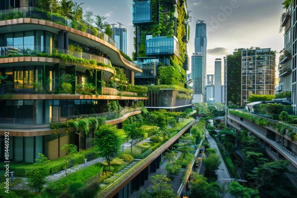 Obraz A modern cityscape showcasing sustainable urban development, featuring buildings with eco-friendly green rooftops, verdant pavement gardens, and renewable energy solutions  