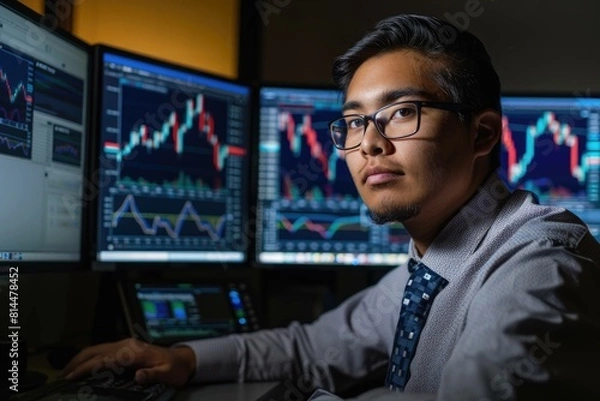 Fototapeta An Indigenous Businessman Viewing Multiple Computer Screens of Colorful Financial Charts and Graphs