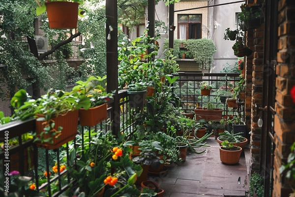 Fototapeta A small, lush balcony garden in a bustling urban cityscape, showcasing a variety of plants and vegetables being cultivated in compact spaces for sustainable living and self-sufficiency 