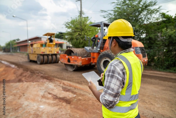 Fototapeta Road construction inspector Standing and inspecting work at the construction site.