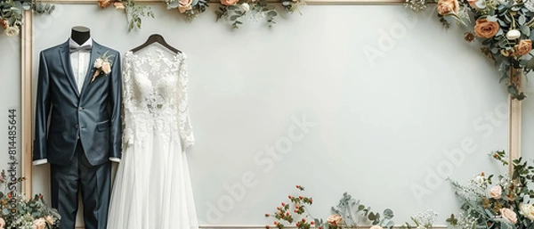 Fototapeta An artistic shot of a wedding dress and groom s suit displayed in an elegant frame with copy space for text