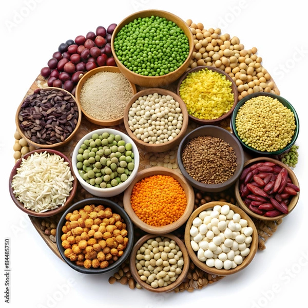 Obraz Set of superfoods, legumes, cereals, nuts, seeds in bowls on white table. top view