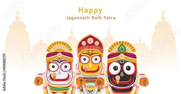 Obraz Rath Yatra banner design with Lord Jagannath, Balabhadra, and Subhadra