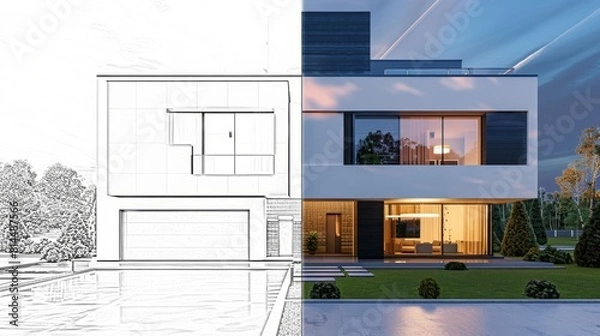 Fototapeta Vertical split screen rendering of detailed sketch and realistic image of a modern luxurious house