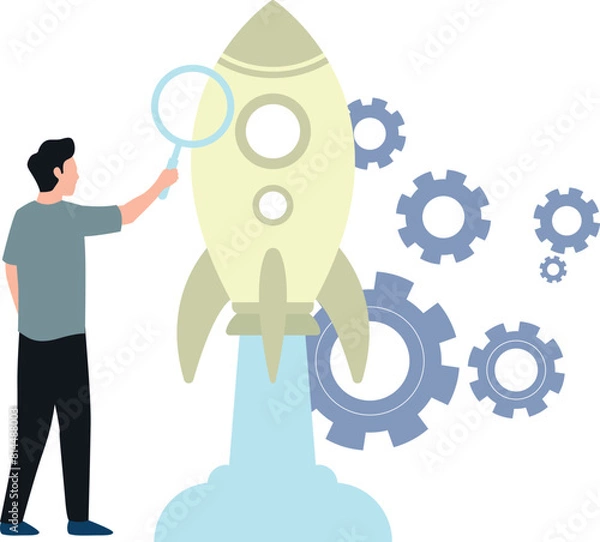 Fototapeta Boy searching on startup rocket.