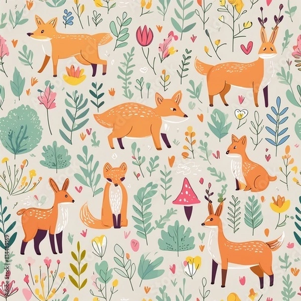 Fototapeta Design a pattern that combines whimsical forest animals like foxes, rabbits, and deer