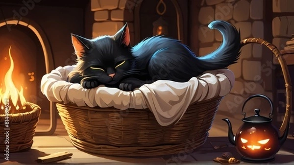 Fototapeta black cat in a basket sleeping night