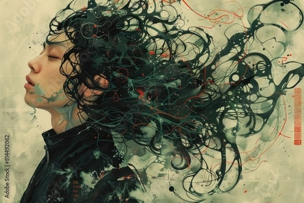 Fototapeta Intricate black tendrils and red accents swirl in an abstract, Asian-influenced composition, where tradition meets digital artistry