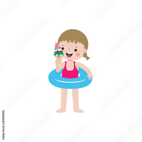 Fototapeta Cute kid wearing float ring and eating ice cream in Pool party, cartoon character flat style vector illustration on white background